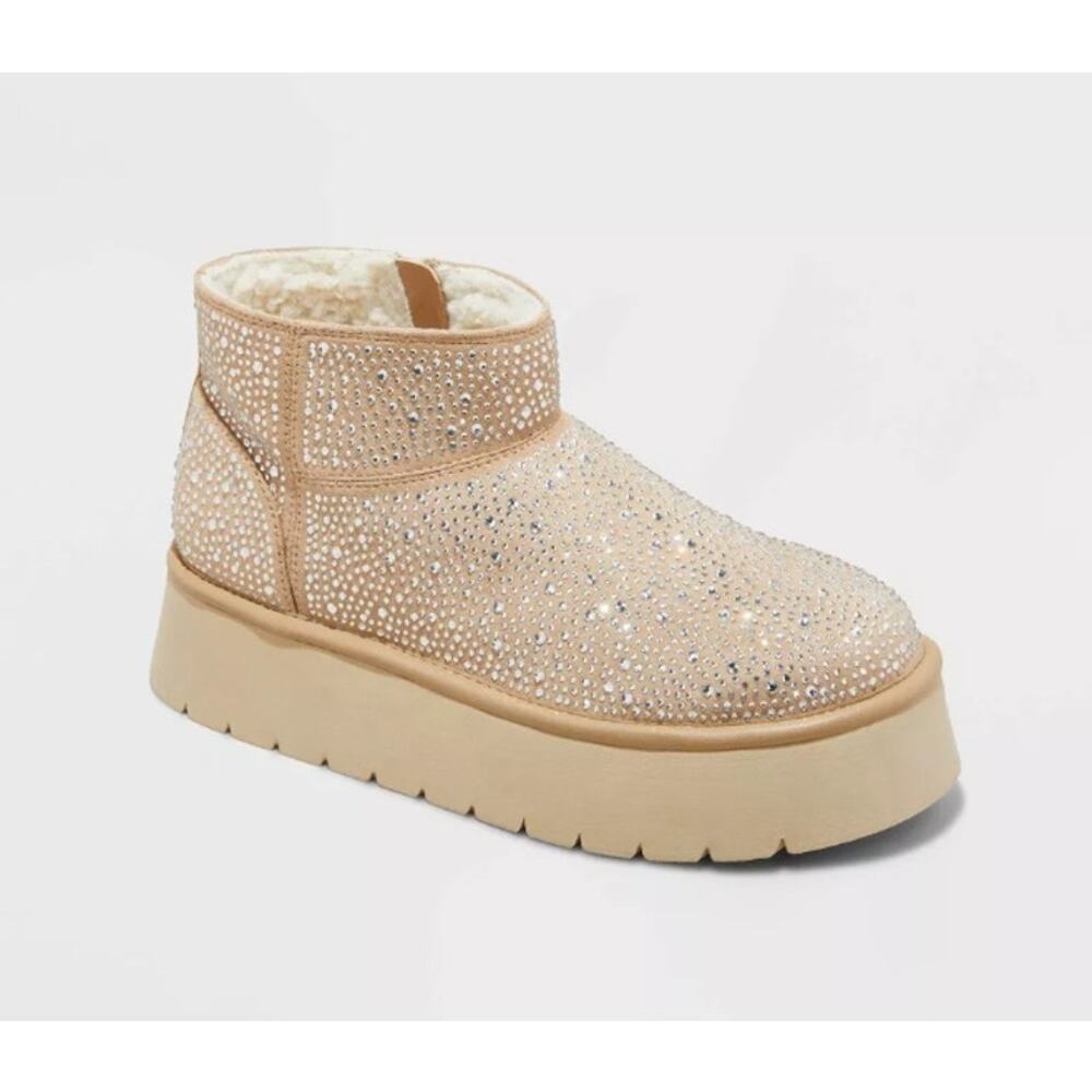 Wild Fable Women's Beige Missy Platform Booties Rhinestones w/ Memory Foam | NEW